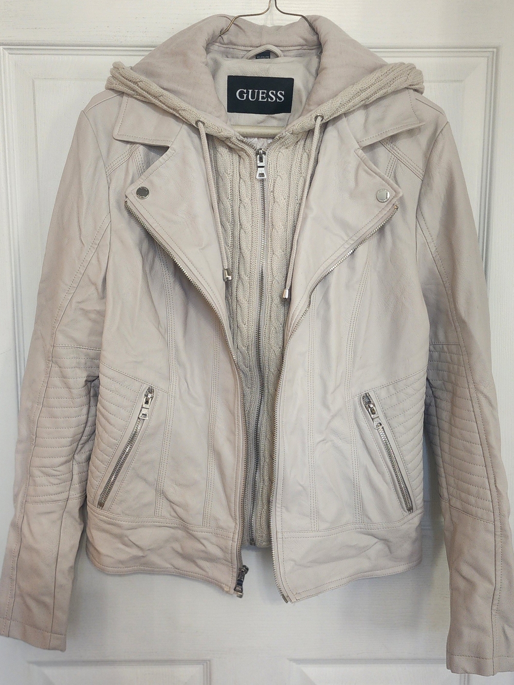 GUESS Women's Cream Moto Jacket with Knit Hoodie Thats Removable